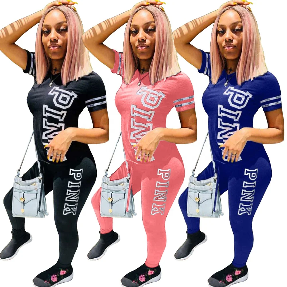 

pink summer Women's Short Sleeve Printed Letter Two Piece Set Clothes Bodycon tracksuit popular brand joggers tracksuits 2021