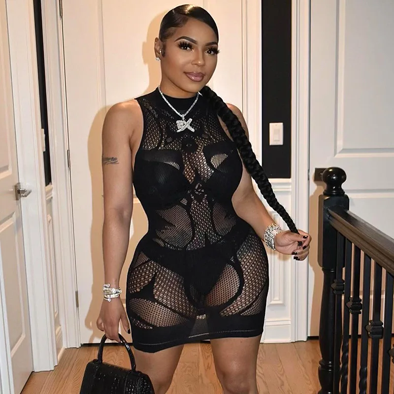 

Wholesale 2022 Women Sexy Club Dresses Trend Black Hollow Out Women Sleeveless Dress Sexy Summer See Through Mini Bodycon Dress
