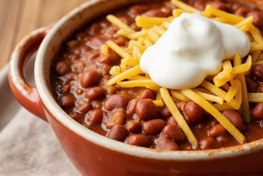 Nutritious bowl of chili beans topped with cheese and sour cream