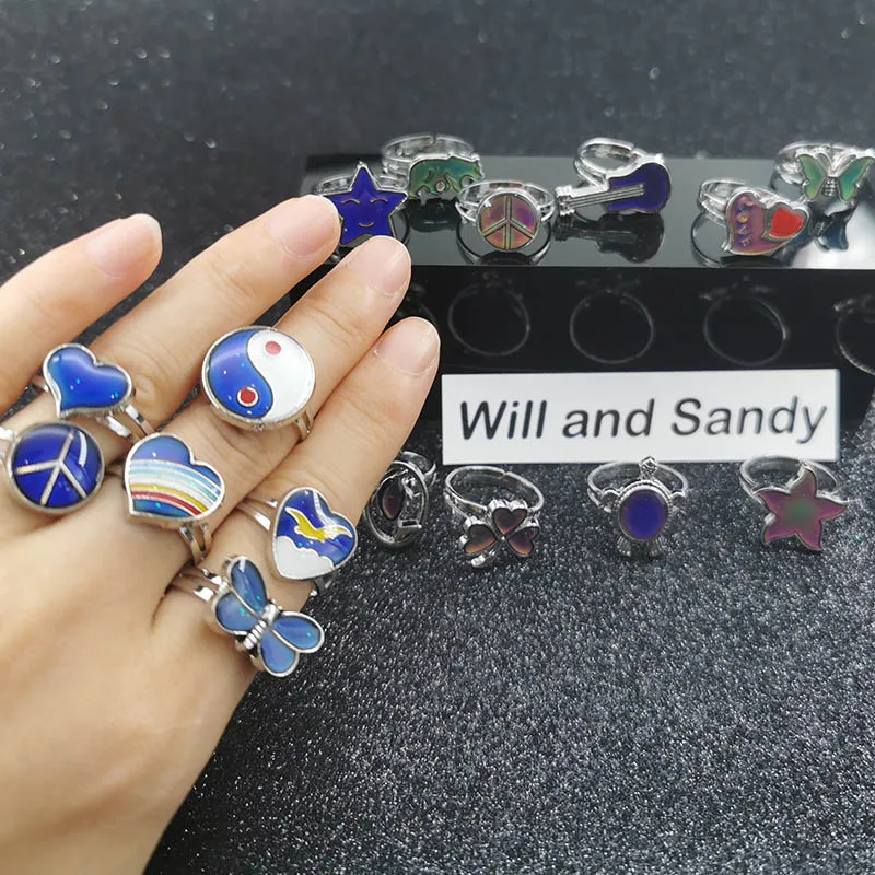 

Vintage Retro Change Mood Ring Round Emotion Feeling Changeable Ring Temperature Control Color open heart Rings For Women, As show