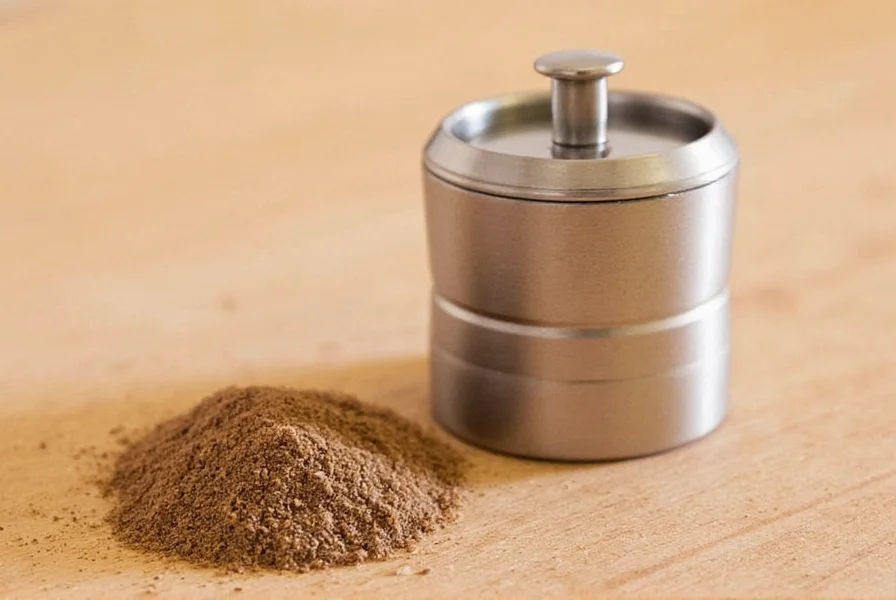 Close-up of hand using traditional manual nutmeg grinder with whole nutmeg seed and freshly ground powder