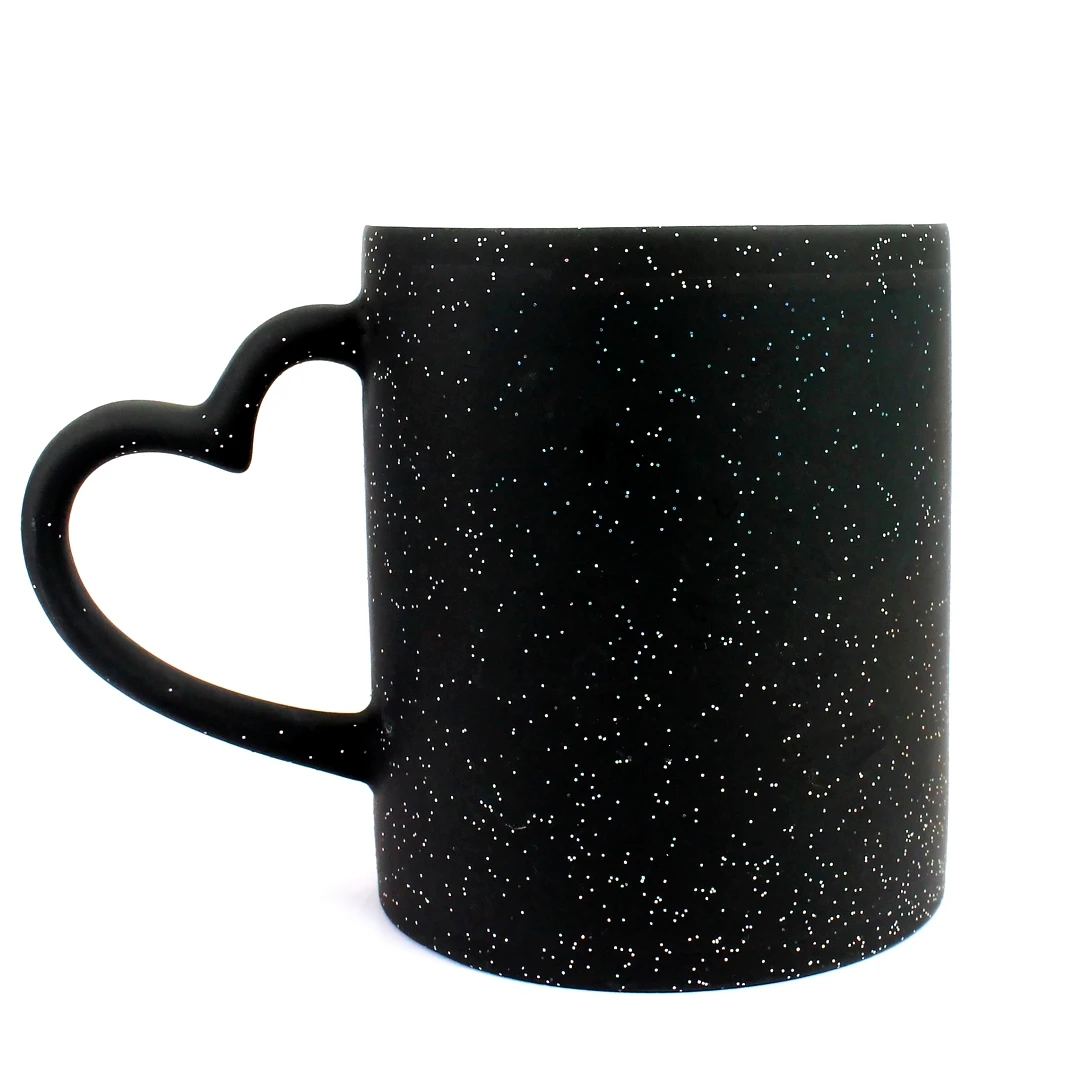 

Top Grade 11oz Sublimation Ceramic magical Coffee Mug Custom Logo Heart Handle Sublimation Glitter Color Changed Mug