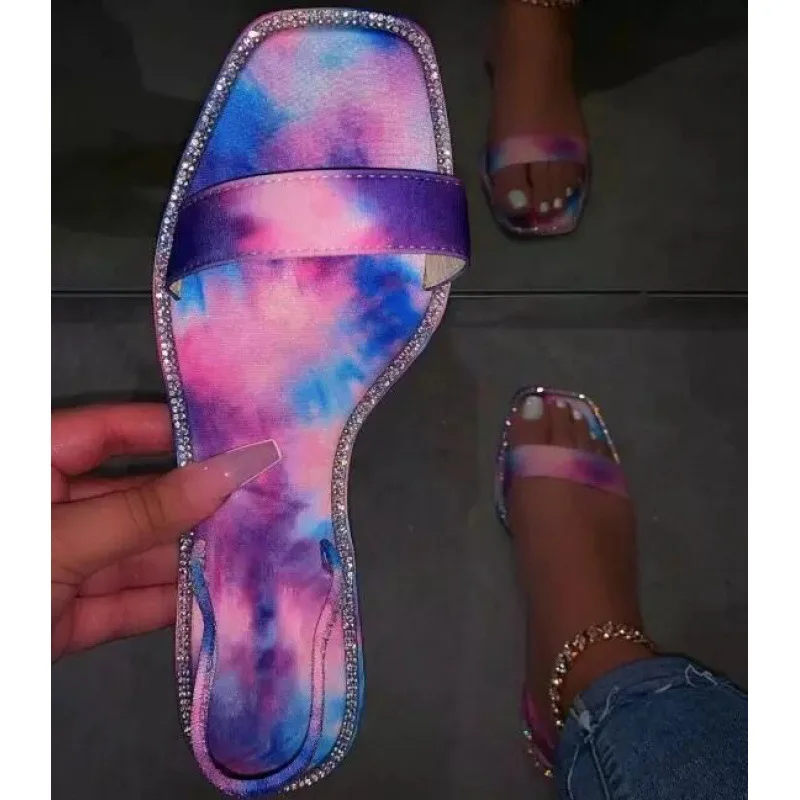 

Hot selling Summer new style square toe rhinestones large size flat beach women sandals, As the picture show