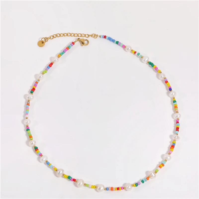 

Holiday Beach Summer Handmade Multi Colored Candy Color Bead Natural Pearl Choker Necklace For Women Jewelry Fashion