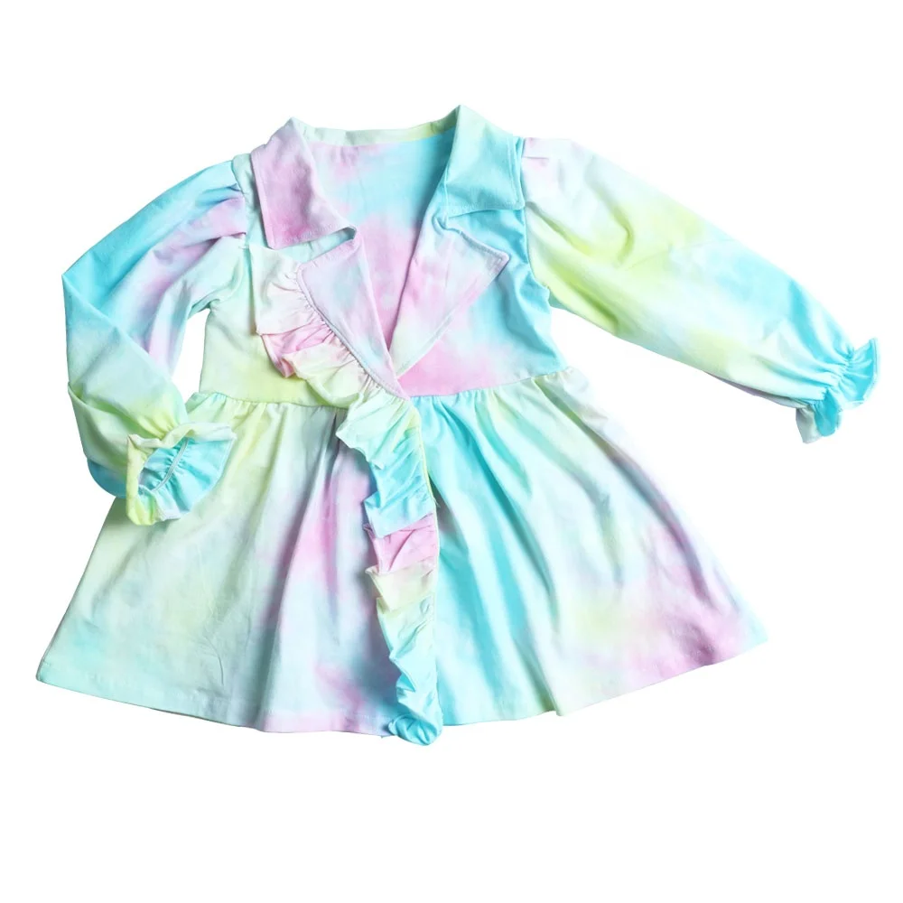 

Kids Clothes For Girls Tie-dye Coat Closed Sleeve Button Jacket Ruffle Design Girl V-Neck Top