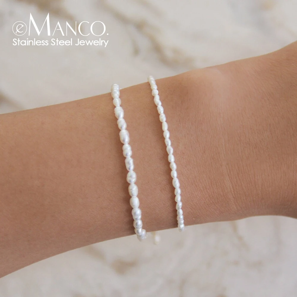 

eManco Dainty Imitation Rice Pearl Bracelet Gold Plated Stainless Steel Chain Fashion Party Wedding Jewelry Women Wholesale