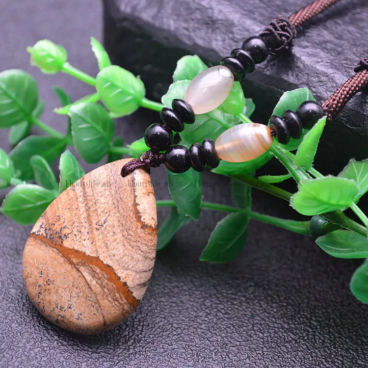 

Natural Gemstone Pear Shape Pendant Coffee Color Cord Long Chains Sweater Necklace Fashion Jewelry