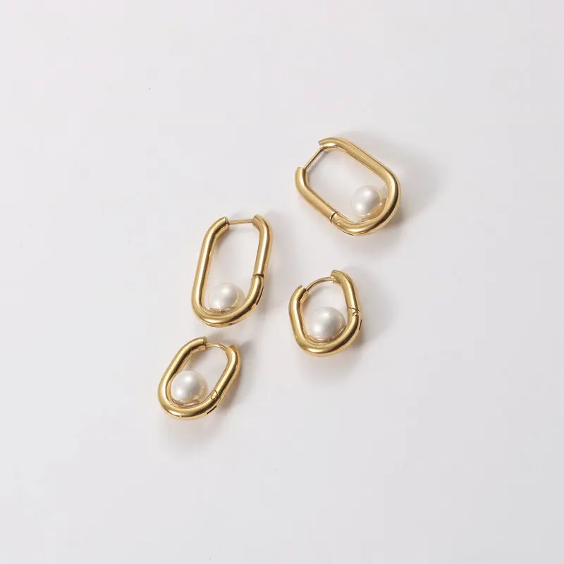 Trendy Earring 18K Gold Plated Pearl Oval U Huggie Earrings for Women Stainless Steel Earrings Wholesale