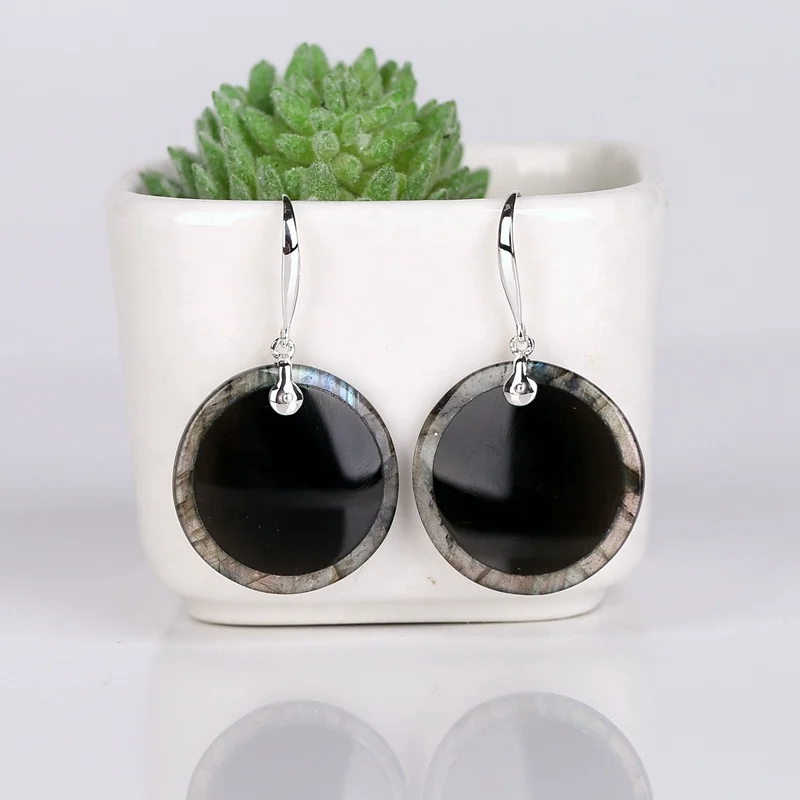 

New Design Hot Sale Obsidian and Labradorite Intarsia Round Earrings , 925 Sterling Silver Findings, 21x3mm, 5.8g, Natural