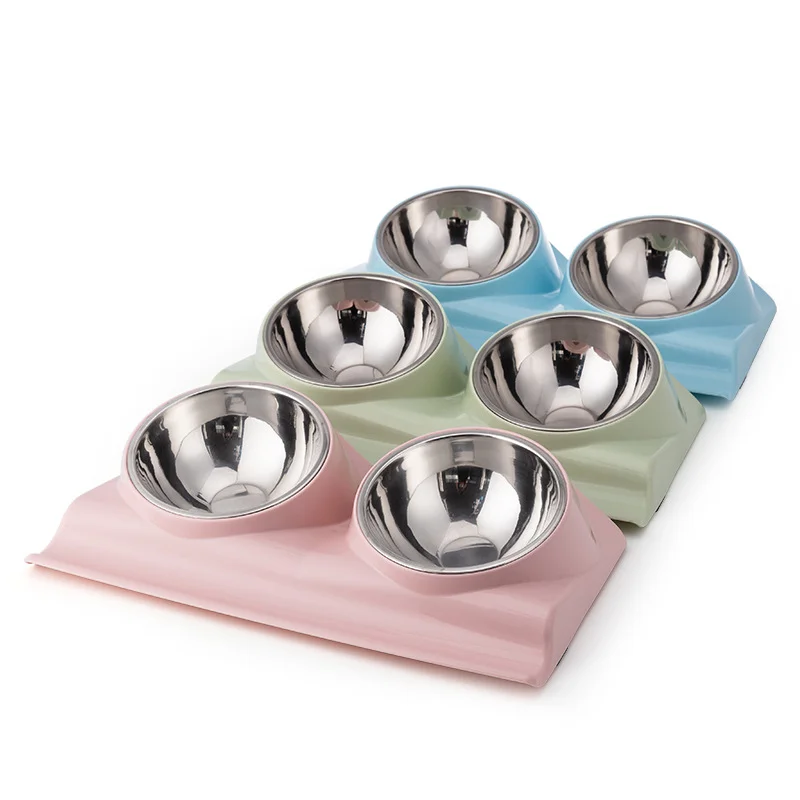 

Pet Bowl 15 Degree Tilt Protect Neck Tilted Elevated Food Water Feeding Stainless Steel Cat Dog Double Bowls, Blue,green,pink