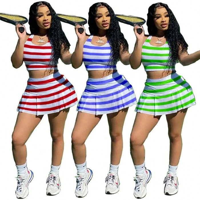 

GE007-hot selling 2021 stripe sports vest and pleated skirt women two piece set, Photo shown