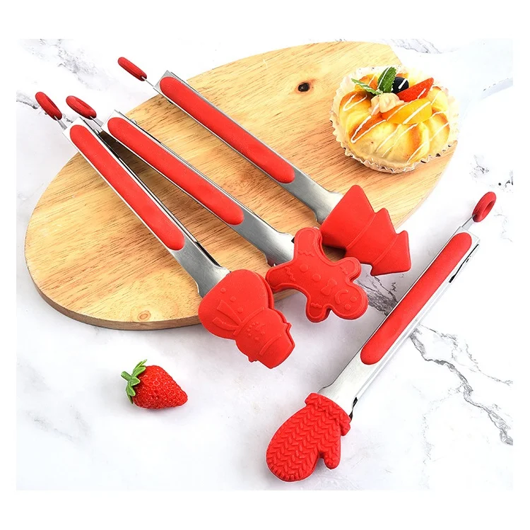 

Christmas Shape Silicone Decorate Utensils Kitchen Accessories Cooking Food Bbq Grill Stainless Steel Serving Tongs, Red