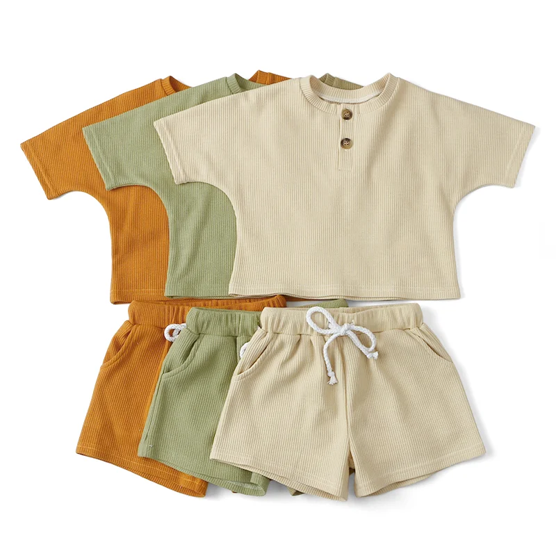 

2021 Boutique Rib Solid Short Sleeve Button T Shirts Shorts Kids Clothing Full Sets Outfits Newborn Baby Girl Clothes Set Summer, Picture