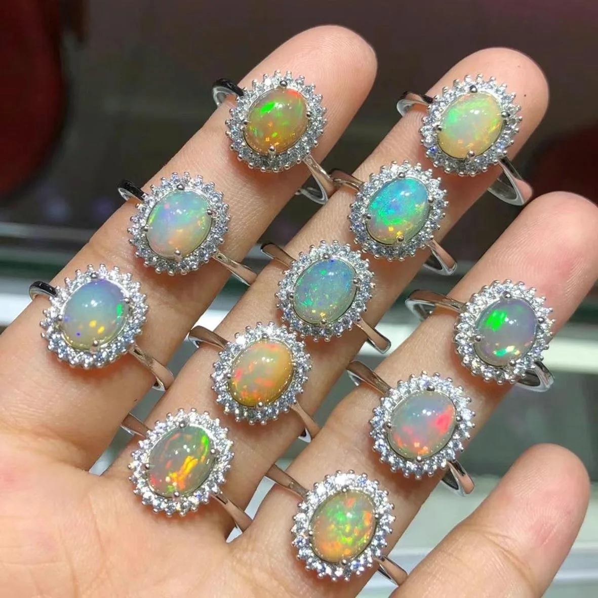 

Natural Ethiopia Opal Multicolor Stone One Halo CZ Tiny Stone Opal Women Ring For Engagement Party Jewelry