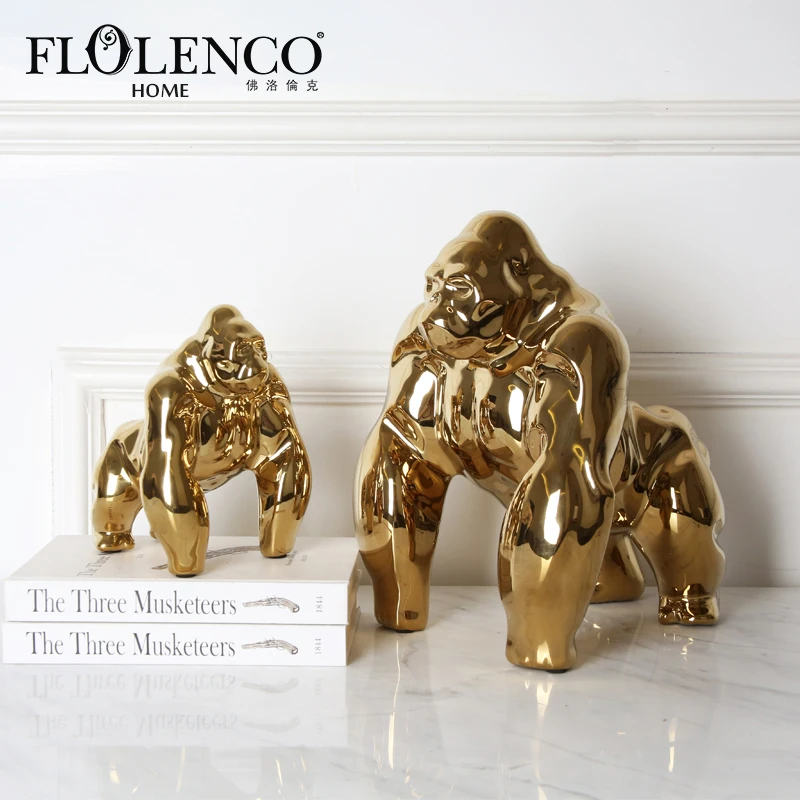 

Low MOQ table ceramic gorilla sculpture ornament orangutan shape home decoration pieces luxury, Gold