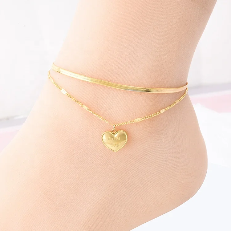 

Wholesale Jewelry Double Layer Anklet Set Stainless Steel Love You Letter Heart Anklet For Women