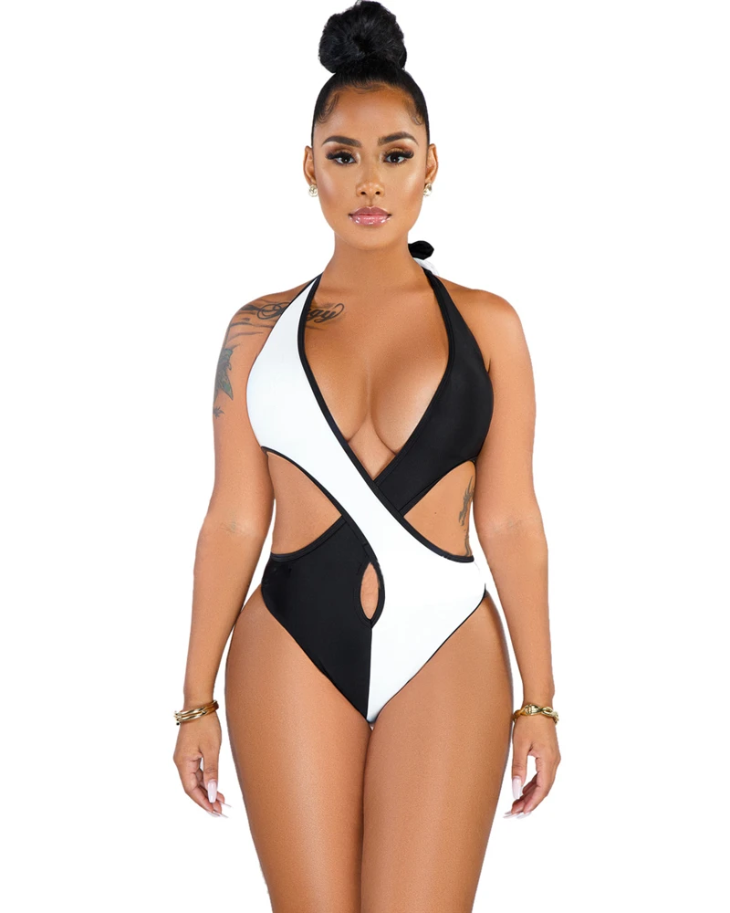 

Women Sexy Cross Swimwear Patchwork Bandage Sexy Beachwear Bathing Suit Bohemian High Cut One Piece Swimsuit