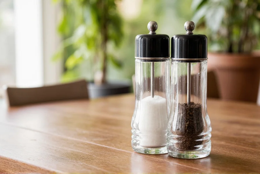 Elegant glass salt and pepper set on wooden dining table with natural lighting showcasing crystal clear transparency and modern grinder mechanism