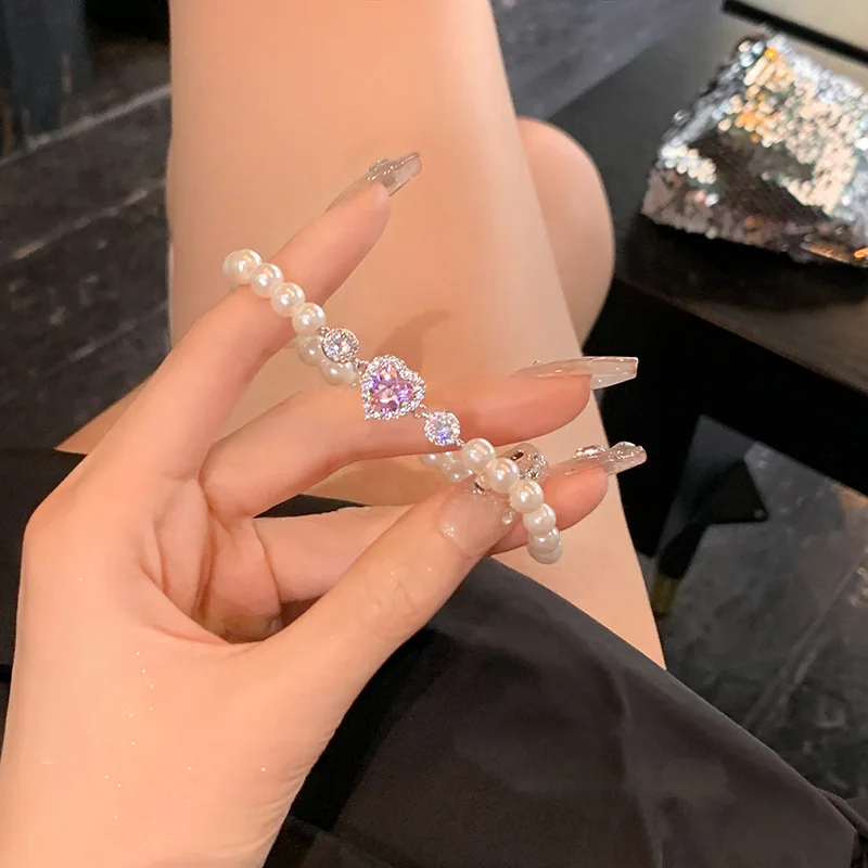 

Fashion Personality Versatile Hand Accessories Zircon Pink Love Heart Charm Shell Pearl Beaded Elastic Simple Bracelet Femme