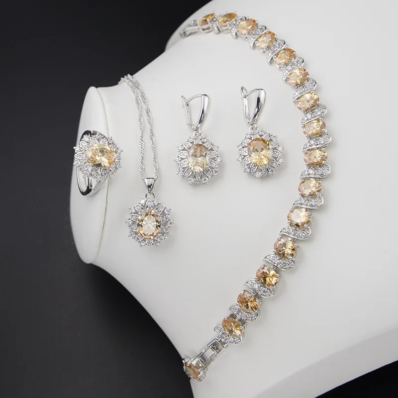 

Classic cubic zircon jewelry set Oval shape necklace earrings bracelet ring set women's four pieces jewelry set KMT0073A
