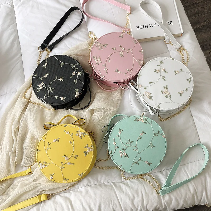 

Purses 2021 Ladies Fashion Embroidery Mini Purses And Handbag Round Shoulder Bag For Girls Women Purse, White,yellow,green,black,pink