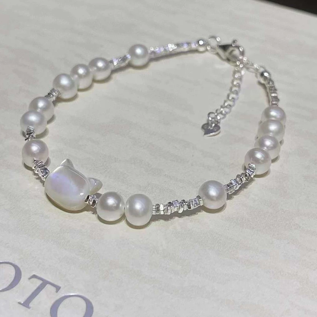 BEIZHIJIA Freshwater Pearl AAAA Baroque Shape Cat Silver 925 Sterling Silver Seashell Carved Cute Natural 5-6mm Beaded Bracelet