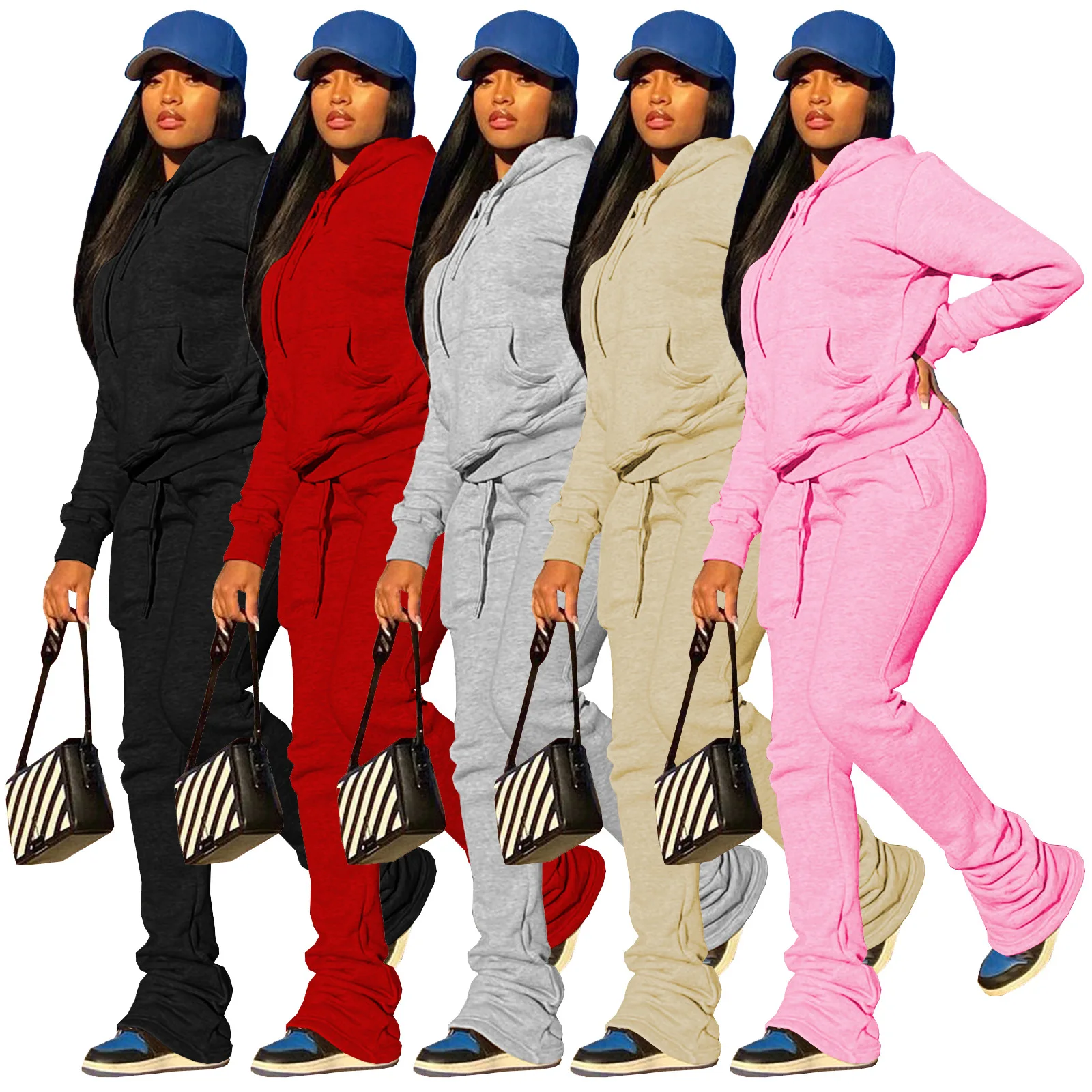 

2021 Women's Thicker Fleece Hooded Tracksuit Sets Long Jogger Sets Drawstring Sport Wear stacked trousers sets Fall Outfits