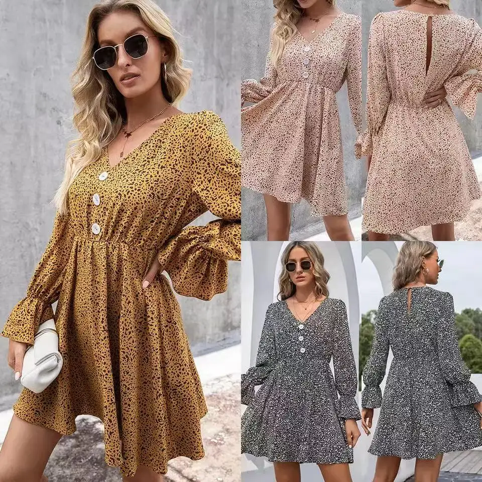 

Fashion High Waist Hollow Out Dresses For Women 2022 Autumn And Winter New Women's Leopard Print Long-Sleeved V-Neck Dress Femme