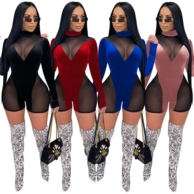 

D96413 womens clothes 2021 Sexy nightclub style women bodysuit jumpsuit net gauze see-through women's jumpsuit