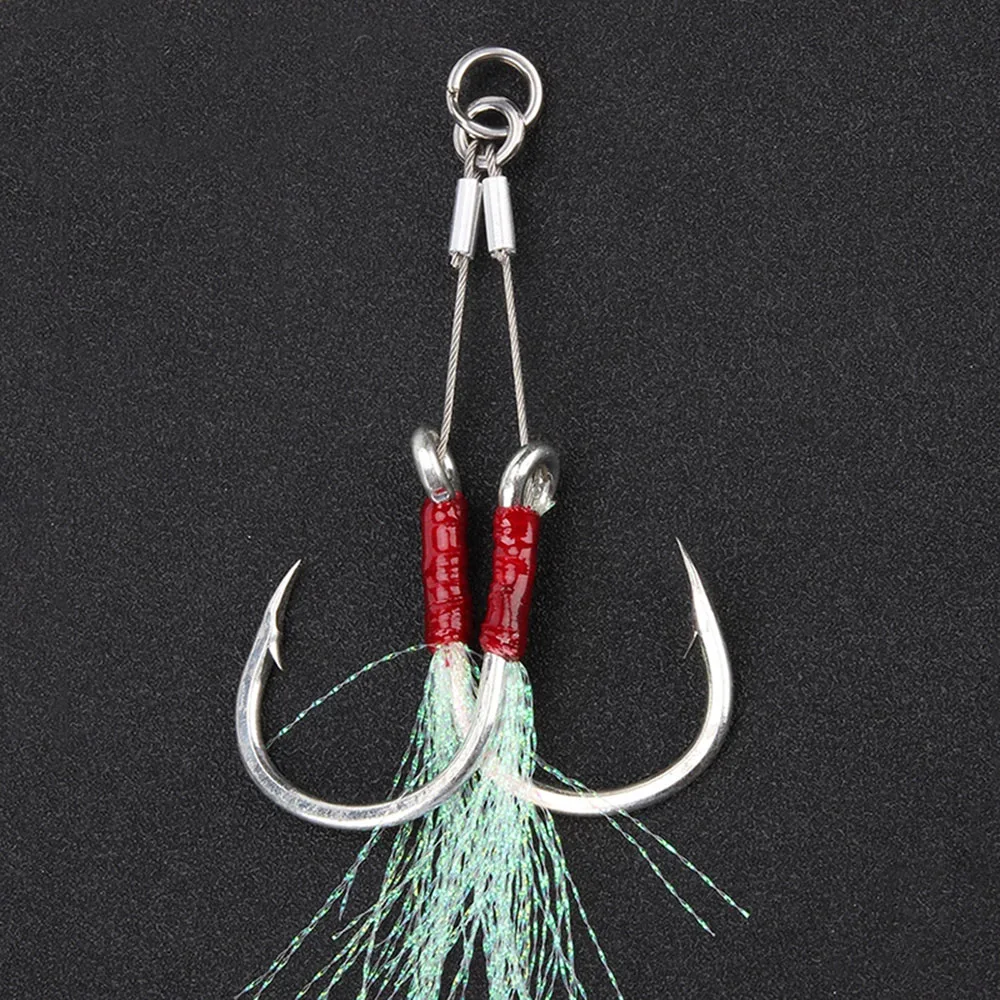 

2 Pairs/ bag Double Steel Wire Jigging Hook 1/0 2/03/0 5/0 7/0 Twin Double Jigging Assist Hook saltwater sea boat hook with feat, Red