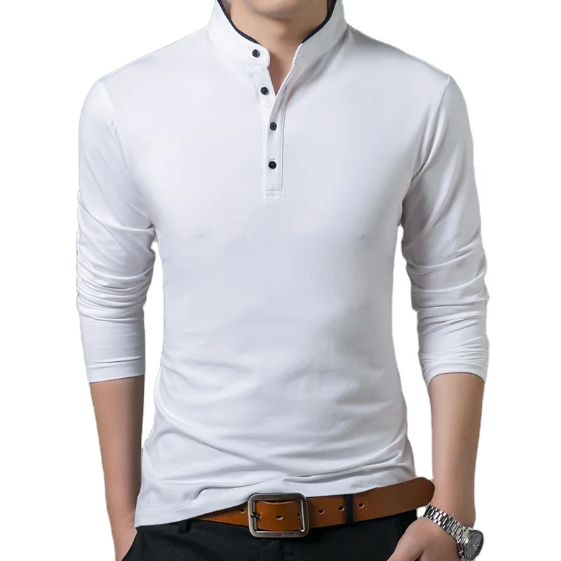

New Autumn Men Polo Shirt 95% Cotton Solid Color Mandarin Collar Long Sleeve Polo Men Slim Fit plus size winter base T shirt 4XL