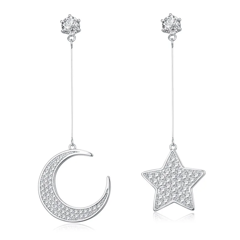 

Asmmetry Clear Cubic Zirconia CZ Crystal Star Moon Earrings 18K Gold Sterling Silver Star Moon Earrings, As picture shows