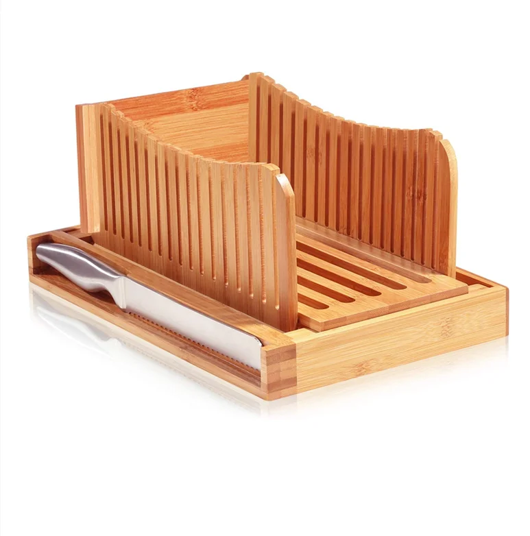 

Bamboo Bread Slicer Cutting Guide with Knife - 3 Slice Thickness Foldable Compact Cutting Board with Crumb Tray