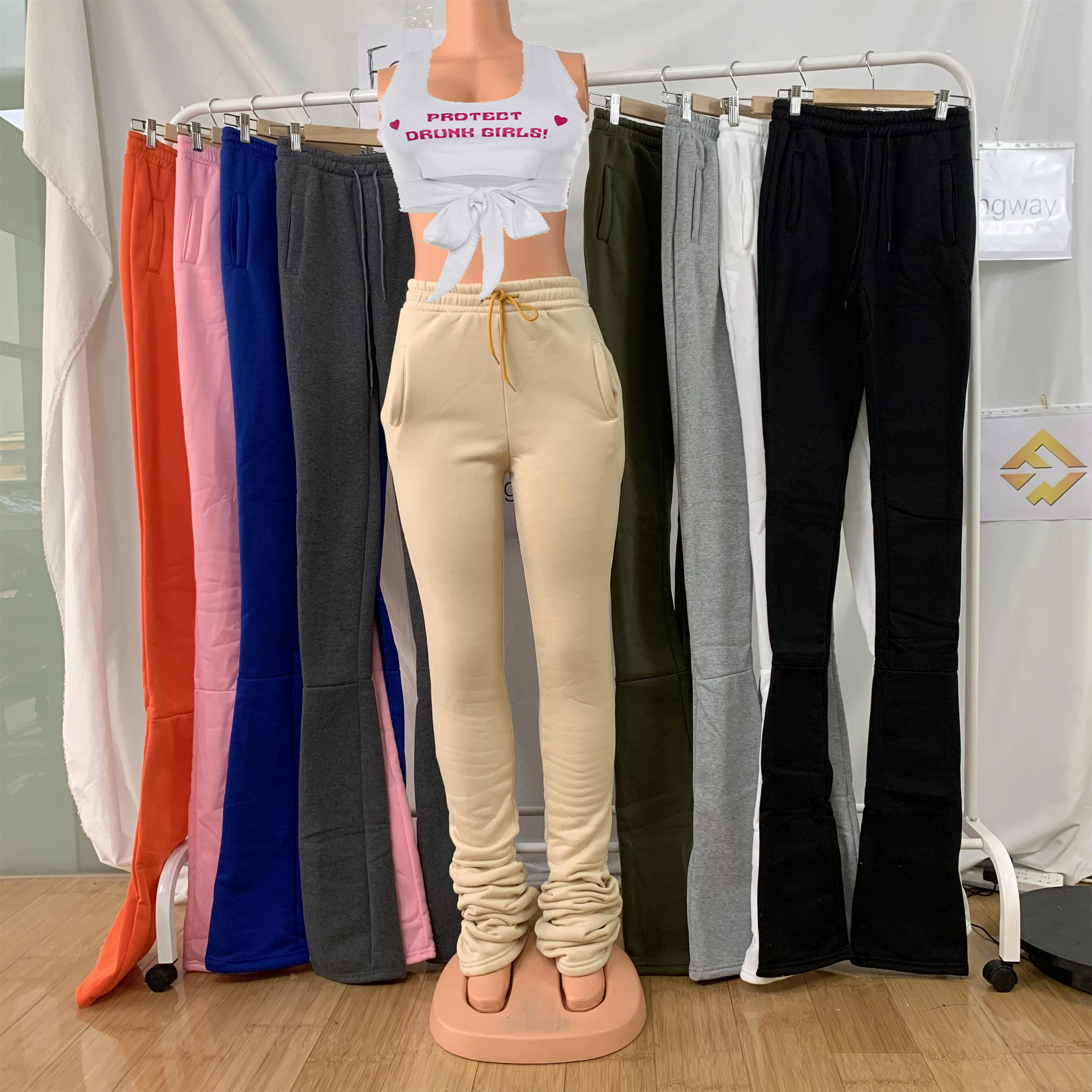 

2021 new arrival S-2xl Winter Fashion Women Mid Thick Waist Drawstring Pleated Flare Pants Sweat Stacked Leggings For Women, Green, gray, black, pink. blue, orange, khaki, white, dark gray