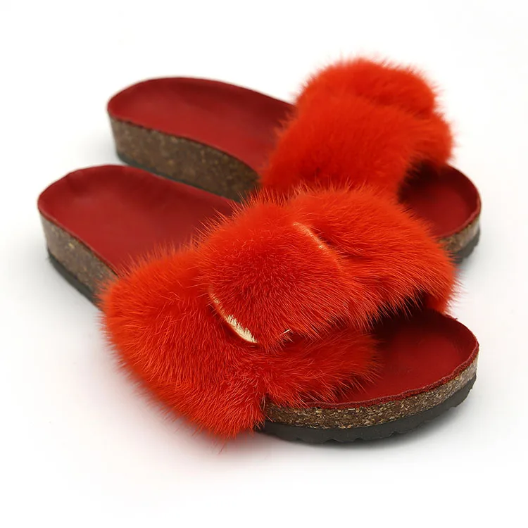

Women Summer Slides Real Mink Fur Fluffy Slippers Trendy Luxury Slide Sandal, Customized color