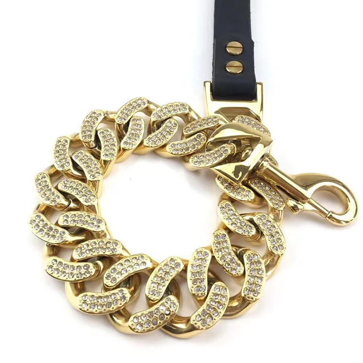 

Luxury Heavy Duty 43MM Stainless Steel Golden Training Dog Leash Dimand Cuban Link Chain, Gold/black/rose gold