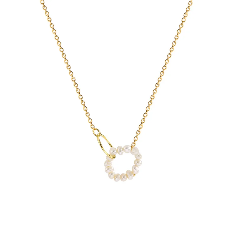 

925 Sterling Silver Geometric Pearl Circle Necklace for Women Simple Temperament Clavicle Chain Jewelry Wholesale