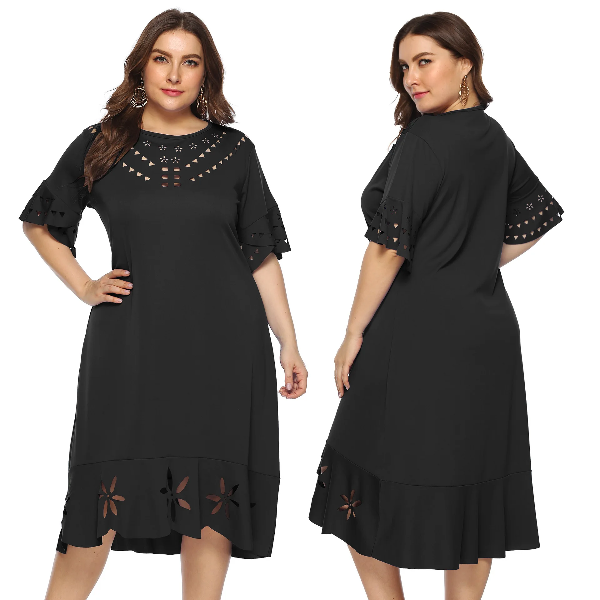 

Large Women's Floral Cut-out Round Neck Trumpet Sleeve Short Sleeve Fashion Dress