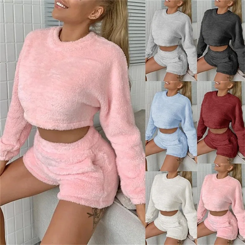

Casual Pink Ladies Comfort Home Wear Plush Suit Round Neck Full Sleeve Sweatshirts Crop Top+Shorts Tracksuit 2 Pcs Women Clothes