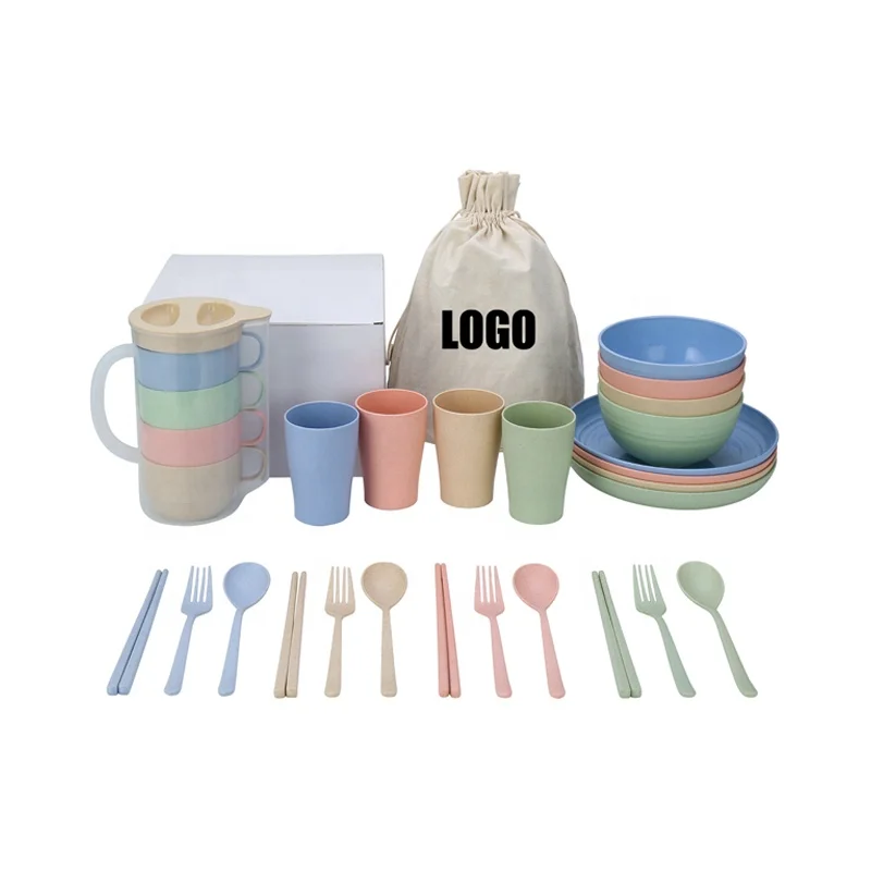 

Eco-friendly biodegradable plates sets 6/24pcs set wheat straw dinnerware set, Blue / beige / pink / green