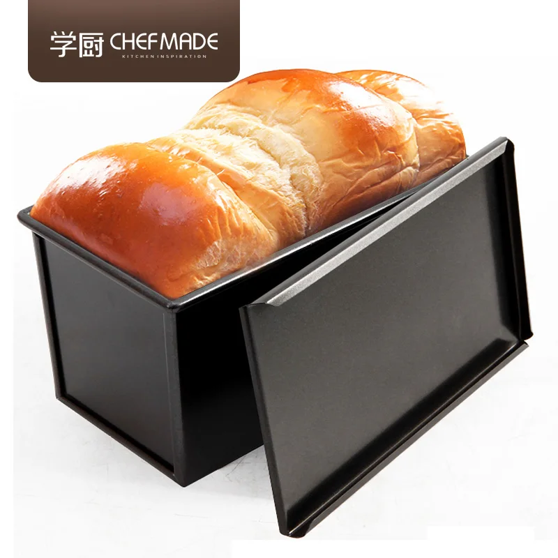 

CHEFMADE WK9072 Carbon Steel Bakeware Slide Toast Box Black Bread Tin Mould Rectangle Non-stick Loaf Pan With Lids, Silver black