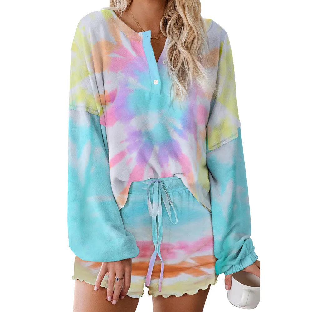 

Women'S Home Wear Two-Piece Summer Amazon Tie-Dye Printed Long-Sleeve Pajamas Lady Sleepwear, Customized color