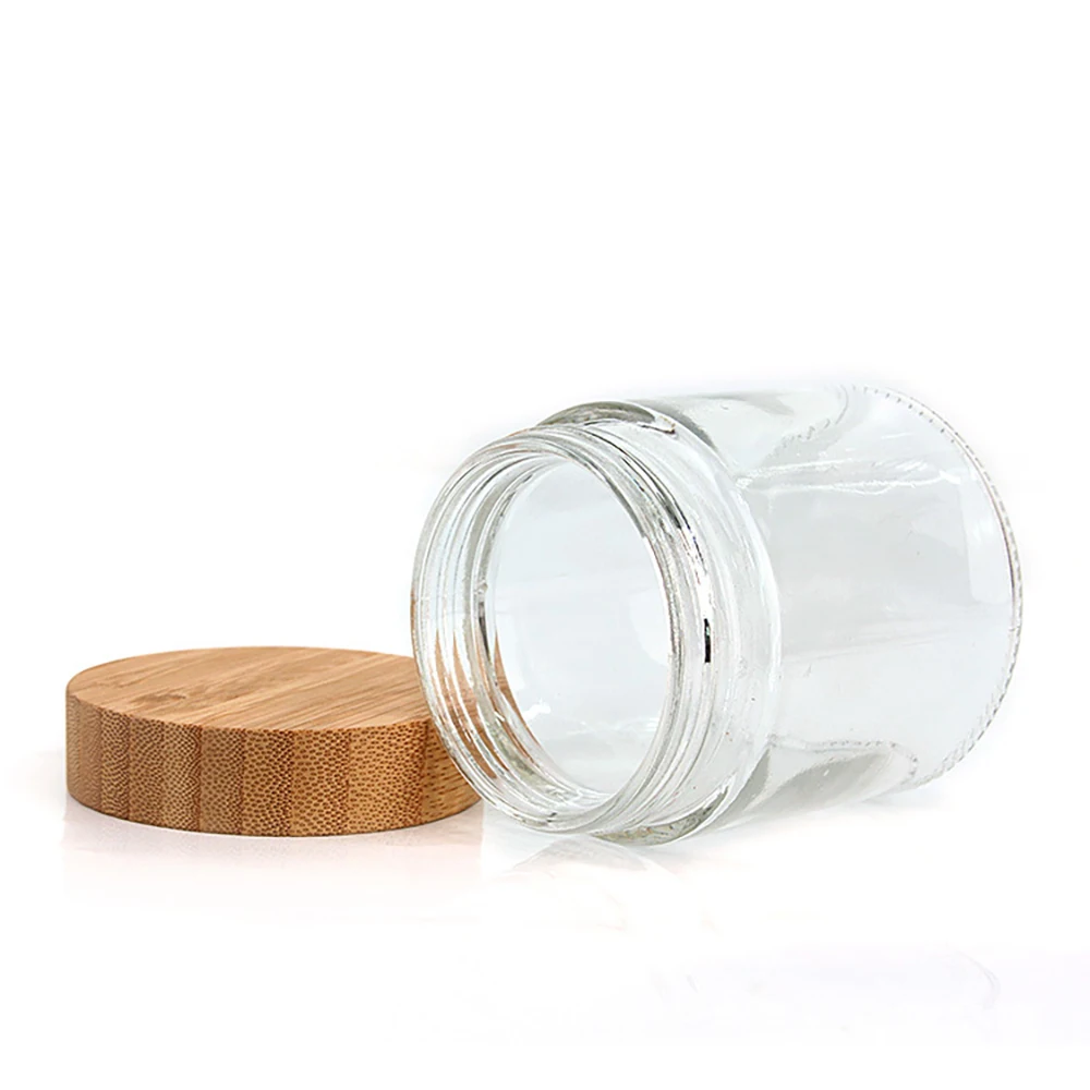 

Glass Storage Jars with Bamboo Lids Air Tight Kitchen Stackable Empty Round Spice Bottles, Transparent