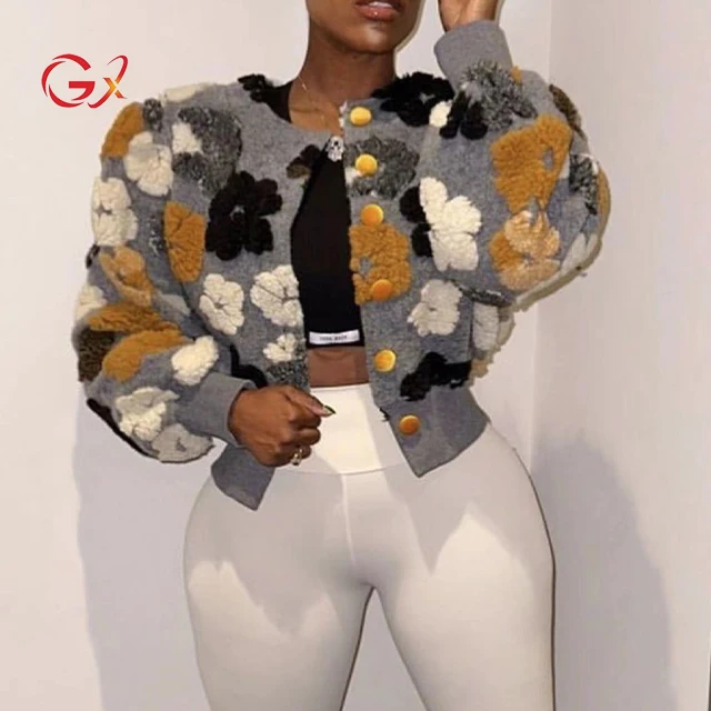 

GX6061 Vintage 3D Flower Fuzzy Button Single Breasted Winter Elegant Coat For Women Short Teddy Jackets