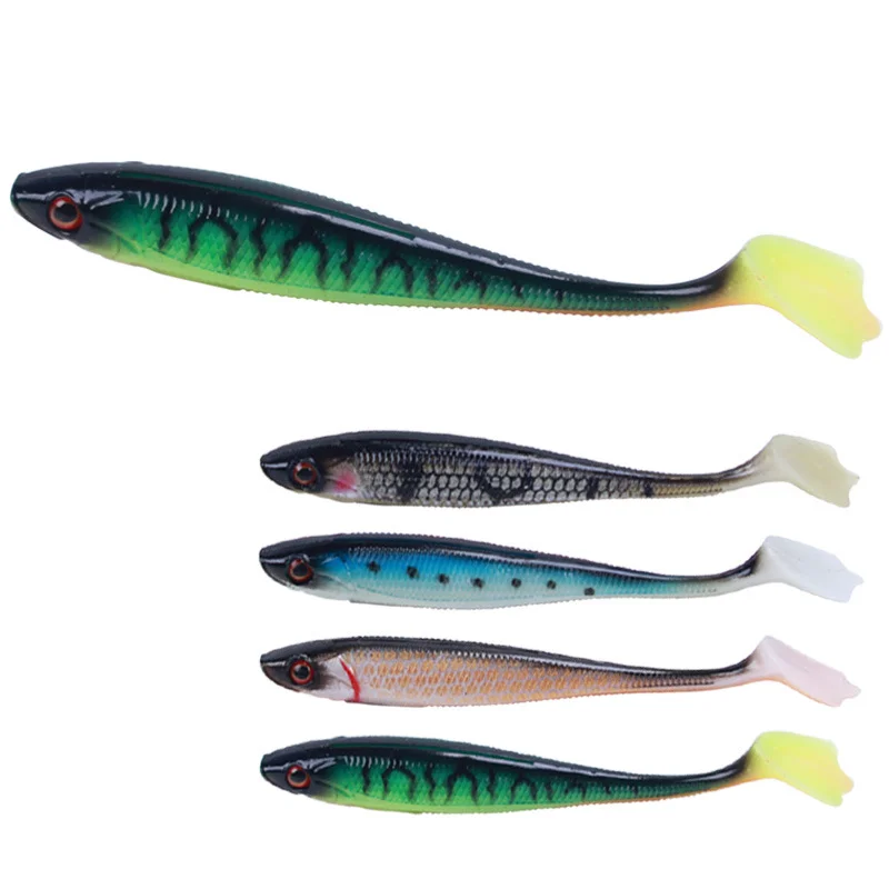 

New 90mm/5.6g 7Pcs/Bag T-Tail Style Fishing Soft Baits Artificial saltwater lure with fishy smell, 4 colors