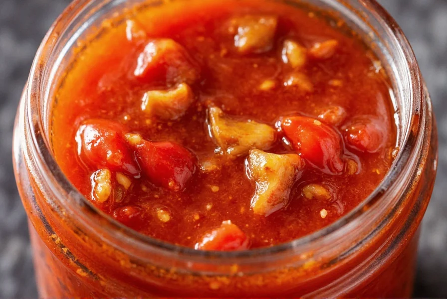 Close-up of chili crunch condiment showing red oil with visible crunchy bits of garlic and chili peppers in a glass jar