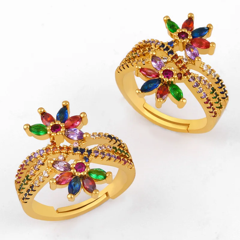 

RM1086 Chic Bohemian Dainty Mini Rainbow CZ Diamond Flower CZ Finger Rings