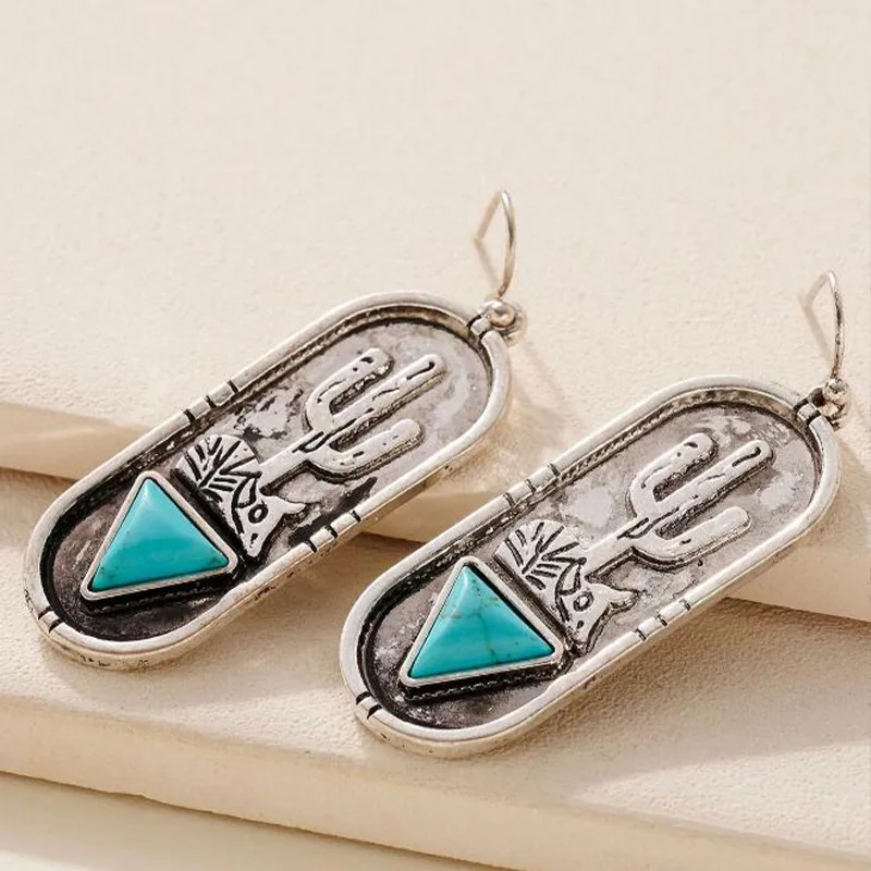 

Vintage Western Oval Antique Silver Cactus Triangle Turquoise Earrings Girls Jewelry