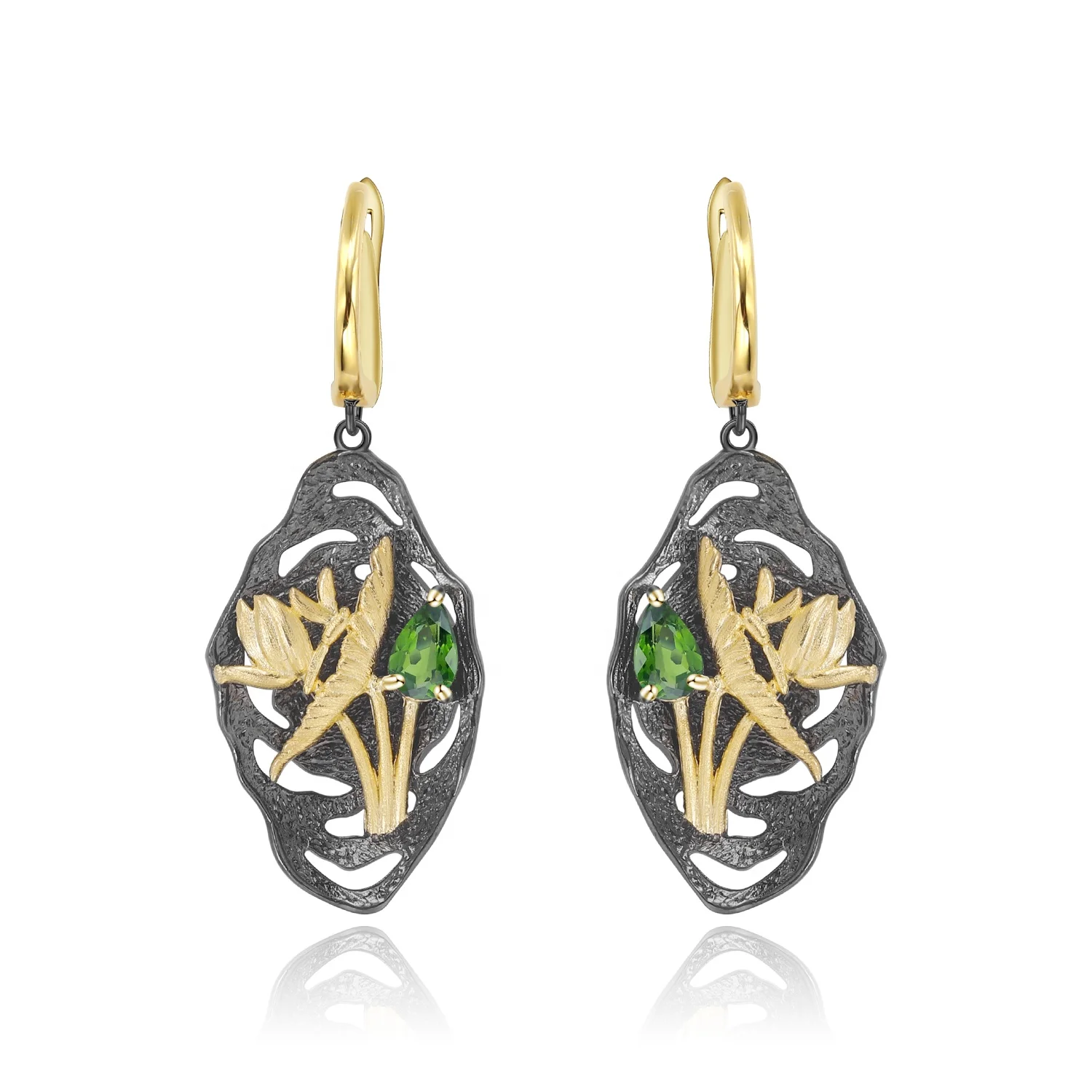 

Abiding Handmade Jewelry Gold Plated Dragonfly Lotus Flower Natural Chrome Diopside 925 Sterling Silver Fashion Earrings 2021