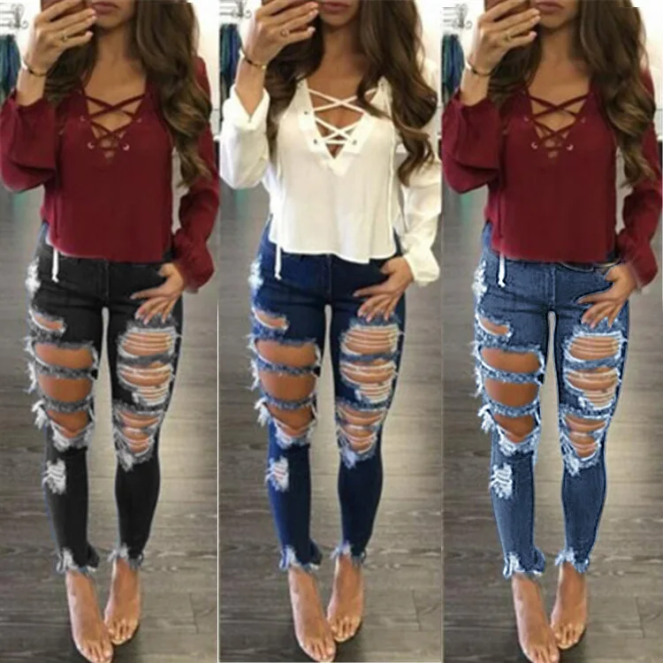 

W8716 - casual fashion women hollow out ripped jean pants